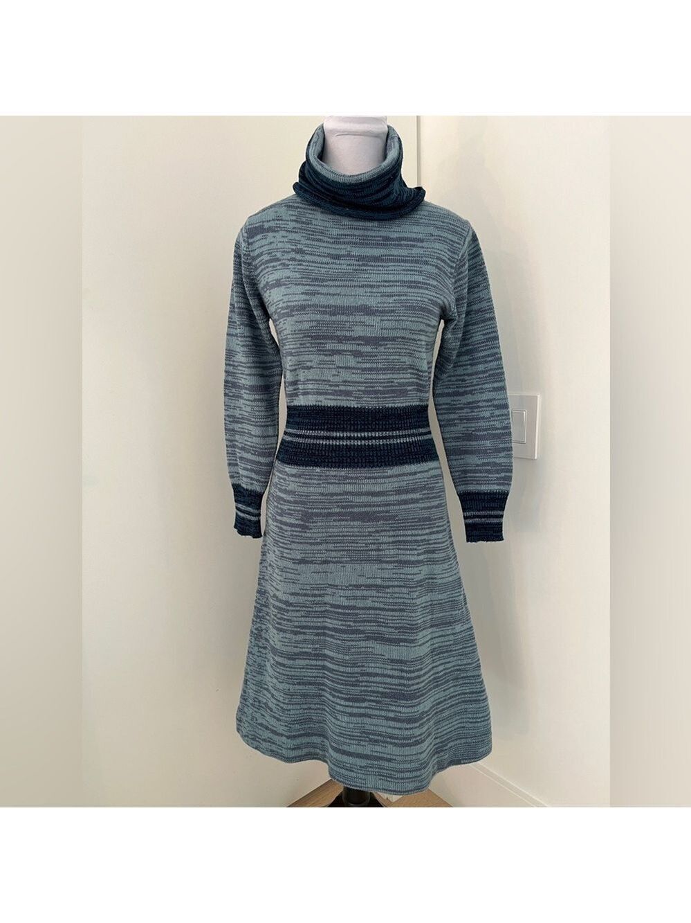 VINTAGE Lanval Acrylic Knit Dress Cowl Neck Long Sleeve A Line 70's 80's Vibes